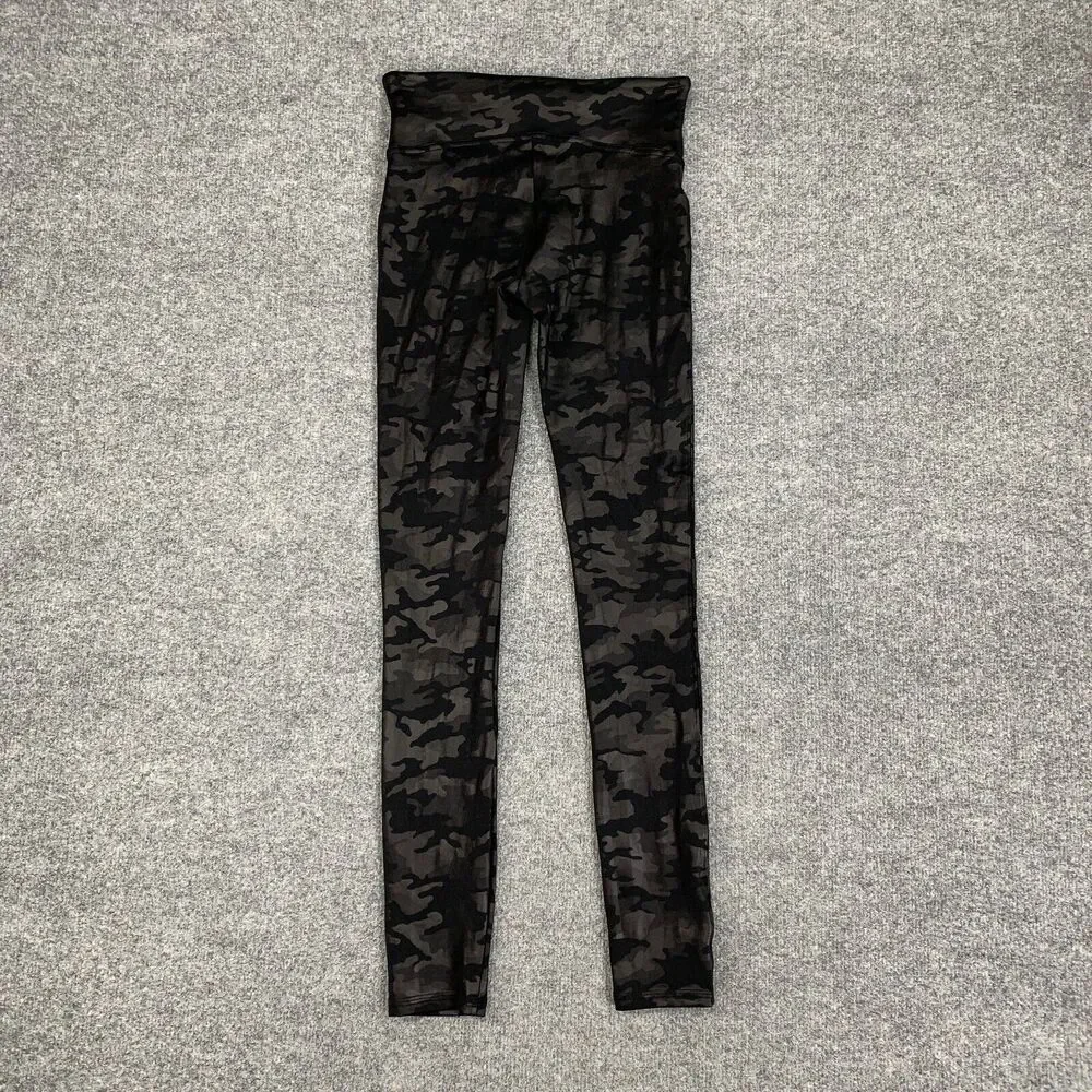 Spanx Legging Womens S Small Black Camo Faux Leather Pull On Wide Band Fitted